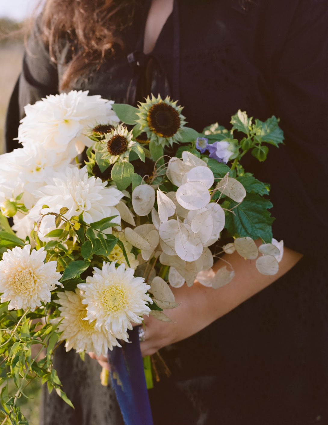 Bouquet of flowers held by a person with a blurred background