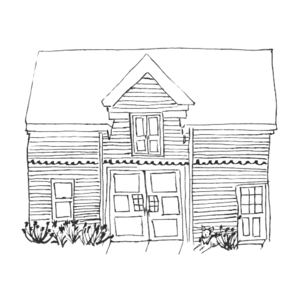 Black and white line drawing of a two-story house with a front door and windows.