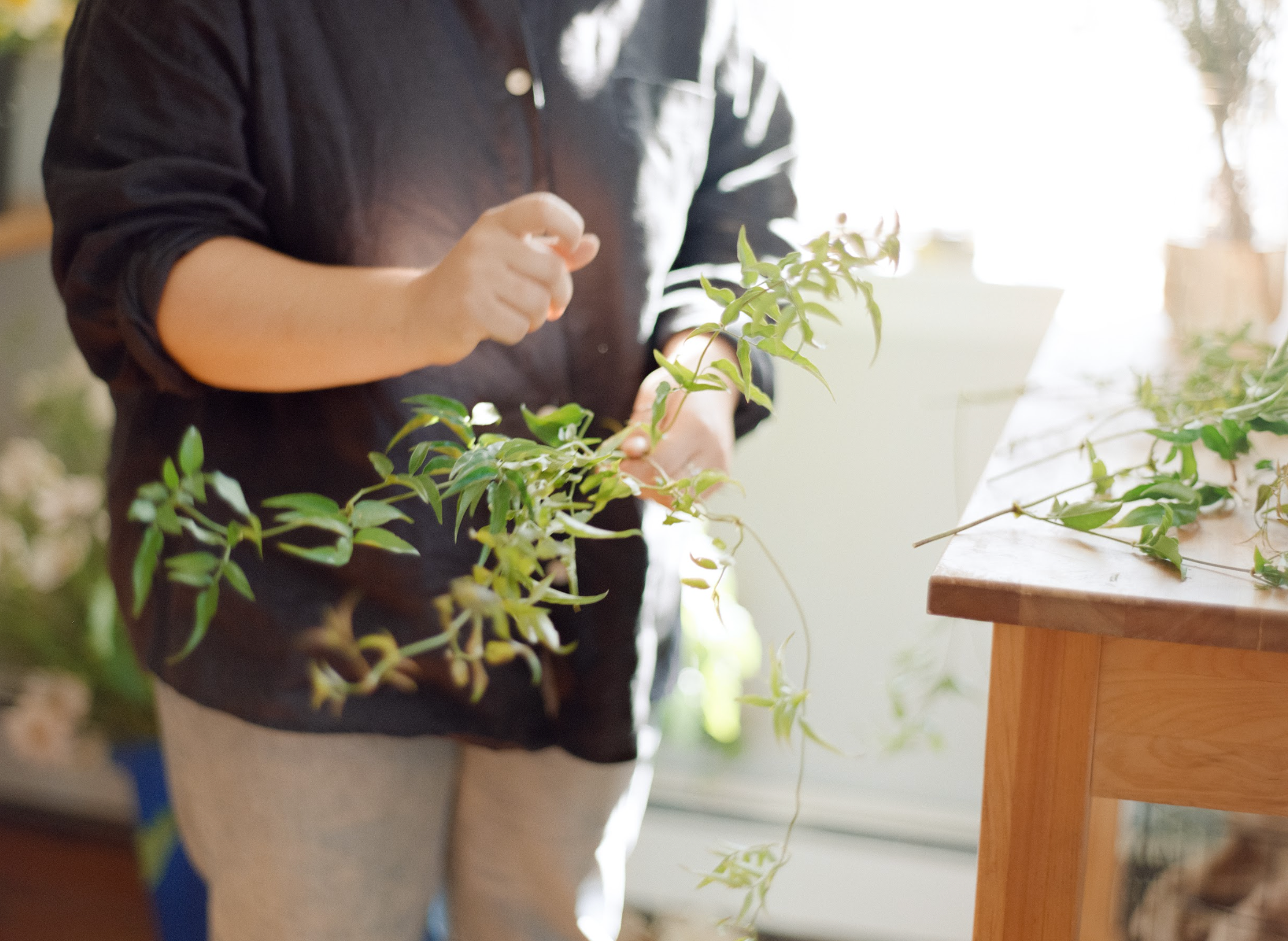Person arranging greenery in a vase with a blurred indoor setting