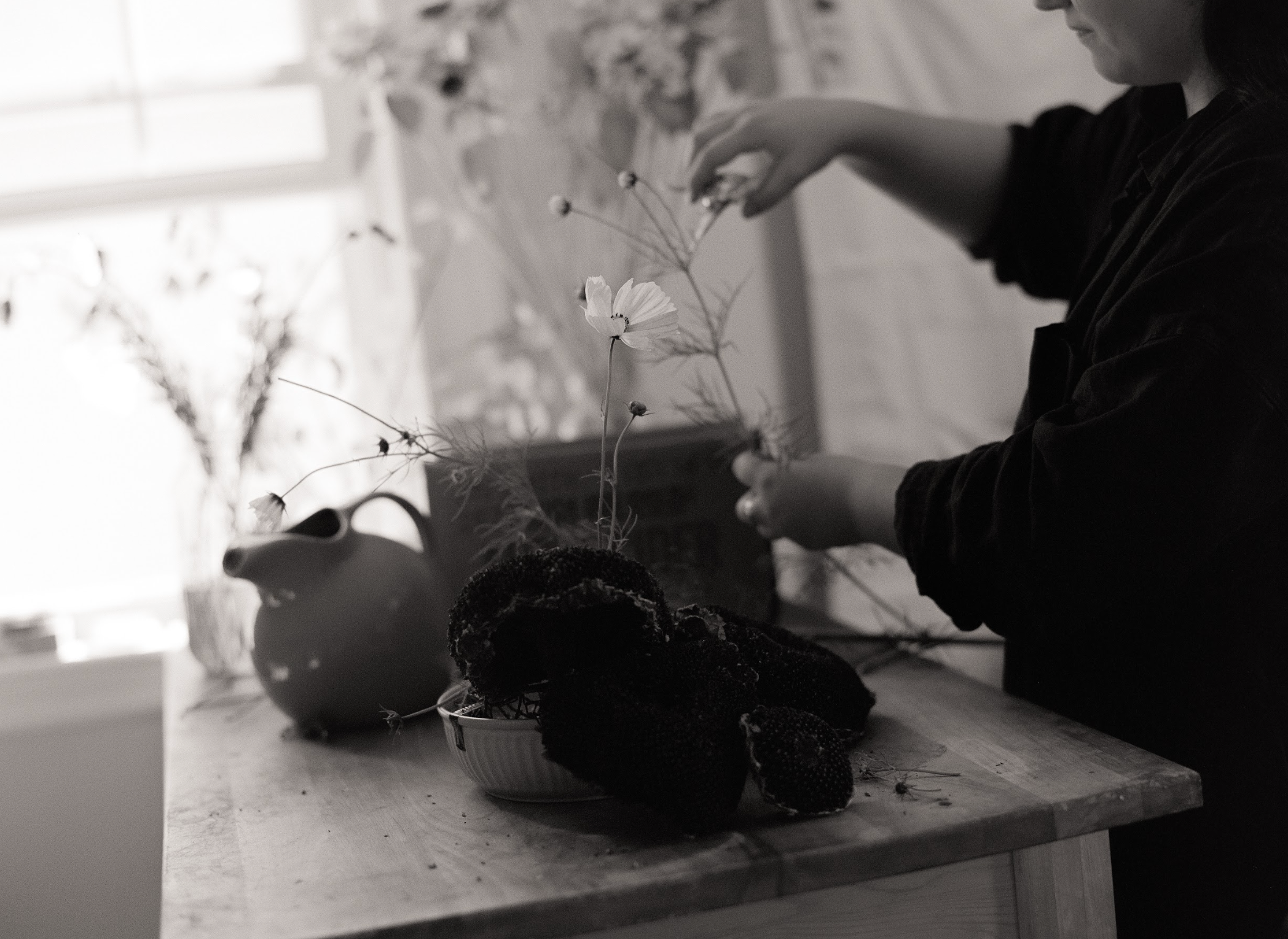 Person arranging plants on a wooden table with a teapot in the background